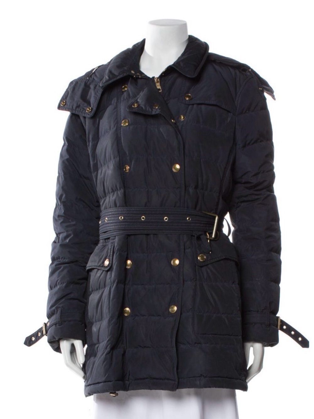 Burberry with hood Belted Pea Coat with Gold Hardware